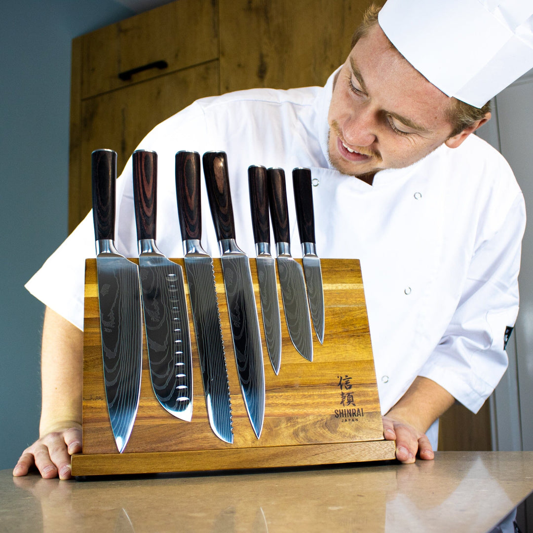 7-piece Japanese knife set damascus print + acacia wooden knife holder –  KookGigant